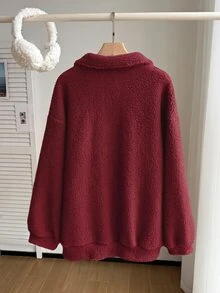 Women's Plus Size Stand Collar Zip-Up Solid Color Autumn/Winter Fashion Fleece Sweatshirt - Burgundy - View 3