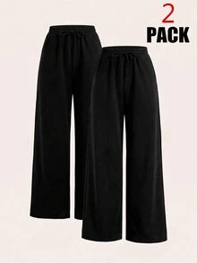 SHEIN EZwear Women's Plus Size Comfortable Loose Solid Color Minimalist 2 Pieces Pants - Black - View 1