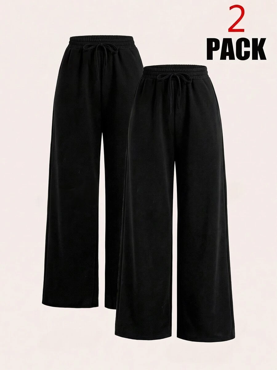 SHEIN EZwear Women's Plus Size Comfortable Loose Solid Color Minimalist 2 Pieces Pants - Black - View 1