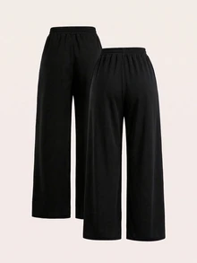 SHEIN EZwear Women's Plus Size Comfortable Loose Solid Color Minimalist 2 Pieces Pants - Black - View 2
