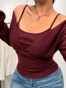 GalTyme 大尺碼女款秋冬針織保暖舒適黑色露肩T恤 - 酒紅色 - 查看 6