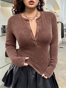 GalTyme Plus Size Women's Autumn/Winter Vintage Distressed Acid Wash Crew Neck Half-Button Long Sleeve T-Shirt - Brown - View 5