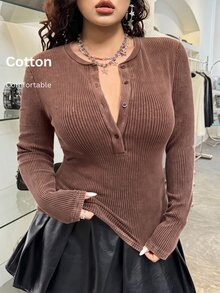 GalTyme Plus Size Women's Autumn/Winter Vintage Distressed Acid Wash Crew Neck Half-Button Long Sleeve T-Shirt - Brown - View 1