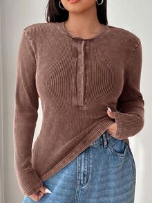 GalTyme Plus Size Women's Autumn/Winter Vintage Distressed Acid Wash Crew Neck Half-Button Long Sleeve T-Shirt - Brown - View 7
