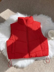 Comfortcana 大尺碼休閒寬鬆立領紅色填充背心，適合秋冬聖誕新年辦公室與夜店場合 - 紅色 - 查看 6