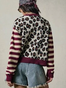 SHEIN EZwear Plus Size Women Leopard Print Striped Long Sleeve Single-Breasted Knit Cardigan Winter - Burgundy - View 2