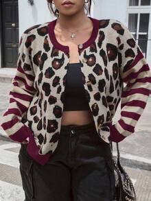 SHEIN EZwear Plus Size Women Leopard Print Striped Long Sleeve Single-Breasted Knit Cardigan Winter - Burgundy - View 3
