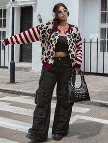 SHEIN EZwear Plus Size Women Leopard Print Striped Long Sleeve Single-Breasted Knit Cardigan Winter - Burgundy - View 5