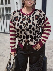 SHEIN EZwear Plus Size Women Leopard Print Striped Long Sleeve Single-Breasted Knit Cardigan Winter - Burgundy - View 7