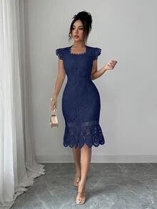 Elenzga Women's Solid Color Floral Mesh Hollow Out Elegant Bodycon Dress - Navy Blue - View 3