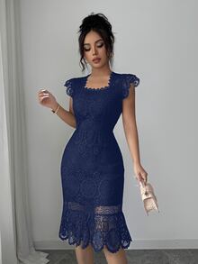 Elenzga Women's Solid Color Floral Mesh Hollow Out Elegant Bodycon Dress - Navy Blue - View 4