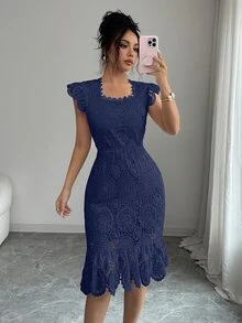 Elenzga Women's Solid Color Floral Mesh Hollow Out Elegant Bodycon Dress - Navy Blue - View 6