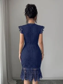 Elenzga Women's Solid Color Floral Mesh Hollow Out Elegant Bodycon Dress - Navy Blue - View 2
