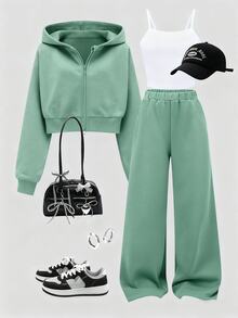 SHEIN 青少年女孩 3 件組休閒運動風極簡主義背心、短版拉鍊連帽外套與寬腿長褲套裝，舒適日常秋季穿著 - 綠色 - 查看 3