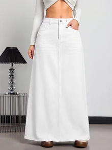 SHEIN ICON 女款休閒牛仔裙，附口袋與鈕扣設計，適合日常穿著 - 白色 - 查看 6