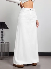 SHEIN ICON 女款休閒牛仔裙，附口袋與鈕扣設計，適合日常穿著 - 白色 - 查看 7