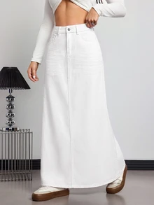 SHEIN ICON 女款休閒牛仔裙，附口袋與鈕扣設計，適合日常穿著 - 白色 - 查看 3