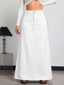 SHEIN ICON 女款休閒牛仔裙，附口袋與鈕扣設計，適合日常穿著 - 白色 - 查看 1
