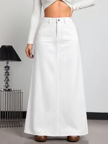 SHEIN ICON 女款休閒牛仔裙，附口袋與鈕扣設計，適合日常穿著 - 白色 - 查看 5