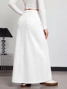 SHEIN ICON 女款休閒牛仔裙，附口袋與鈕扣設計，適合日常穿著 - 白色 - 查看 2