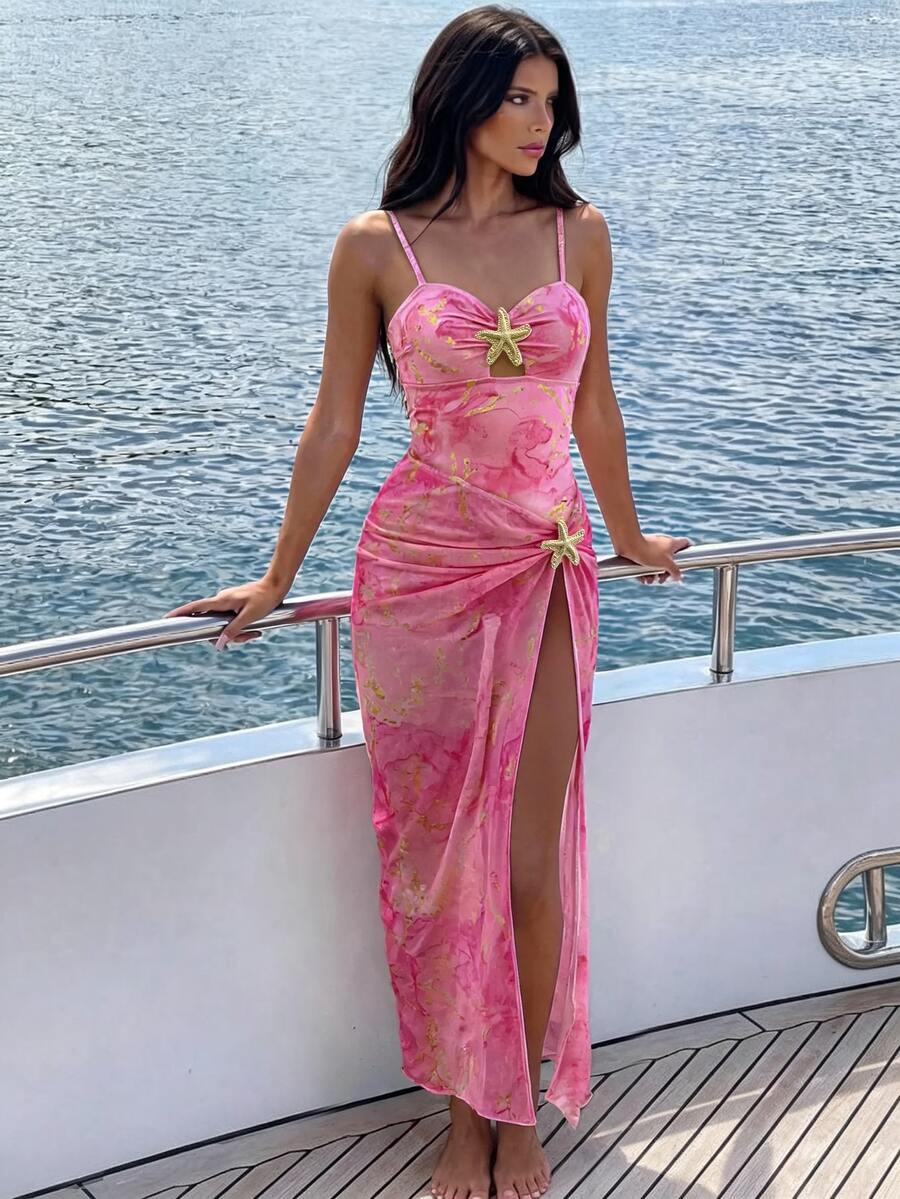 Bonvoyette 2-Piece Women's Spring/Summer Random Print Spaghetti Strap Starfish Decor Maxi Dress & One-Piece Swimsuit Set - Multicolor - View 1