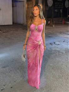 Bonvoyette 2-Piece Women's Spring/Summer Random Print Spaghetti Strap Starfish Decor Maxi Dress & One-Piece Swimsuit Set - Multicolor - View 4