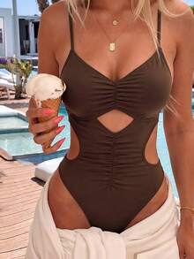 SHEIN Swim 女式纯色细肩带镂空后背褶饰休闲沙滩连体泳衣，夏季 - 咖啡棕 - 查看 1