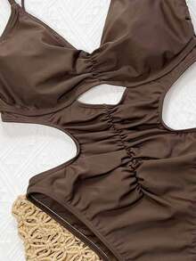 SHEIN Swim 女式纯色细肩带镂空后背褶饰休闲沙滩连体泳衣，夏季 - 咖啡棕 - 查看 4