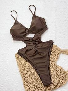 SHEIN Swim 女式纯色细肩带镂空后背褶饰休闲沙滩连体泳衣，夏季 - 咖啡棕 - 查看 5