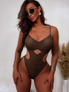 SHEIN Swim 女式纯色细肩带镂空后背褶饰休闲沙滩连体泳衣，夏季 - 咖啡棕 - 查看 3