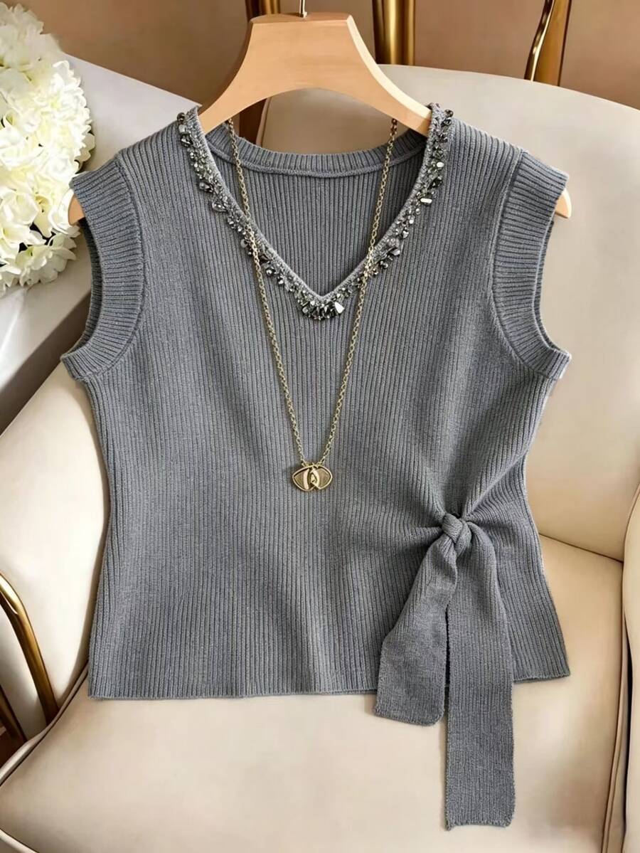Modelyn Beaded Detail Knot Side Sweater Vest - Grey - View 1