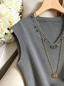 Modelyn Beaded Detail Knot Side Sweater Vest - Grey - View 3