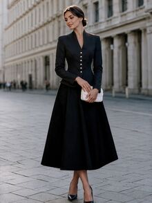 SHEIN Solid Button Front Jacket & Skirt Set - Black - View 7