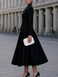 SHEIN Solid Button Front Jacket & Skirt Set - Black - View 6