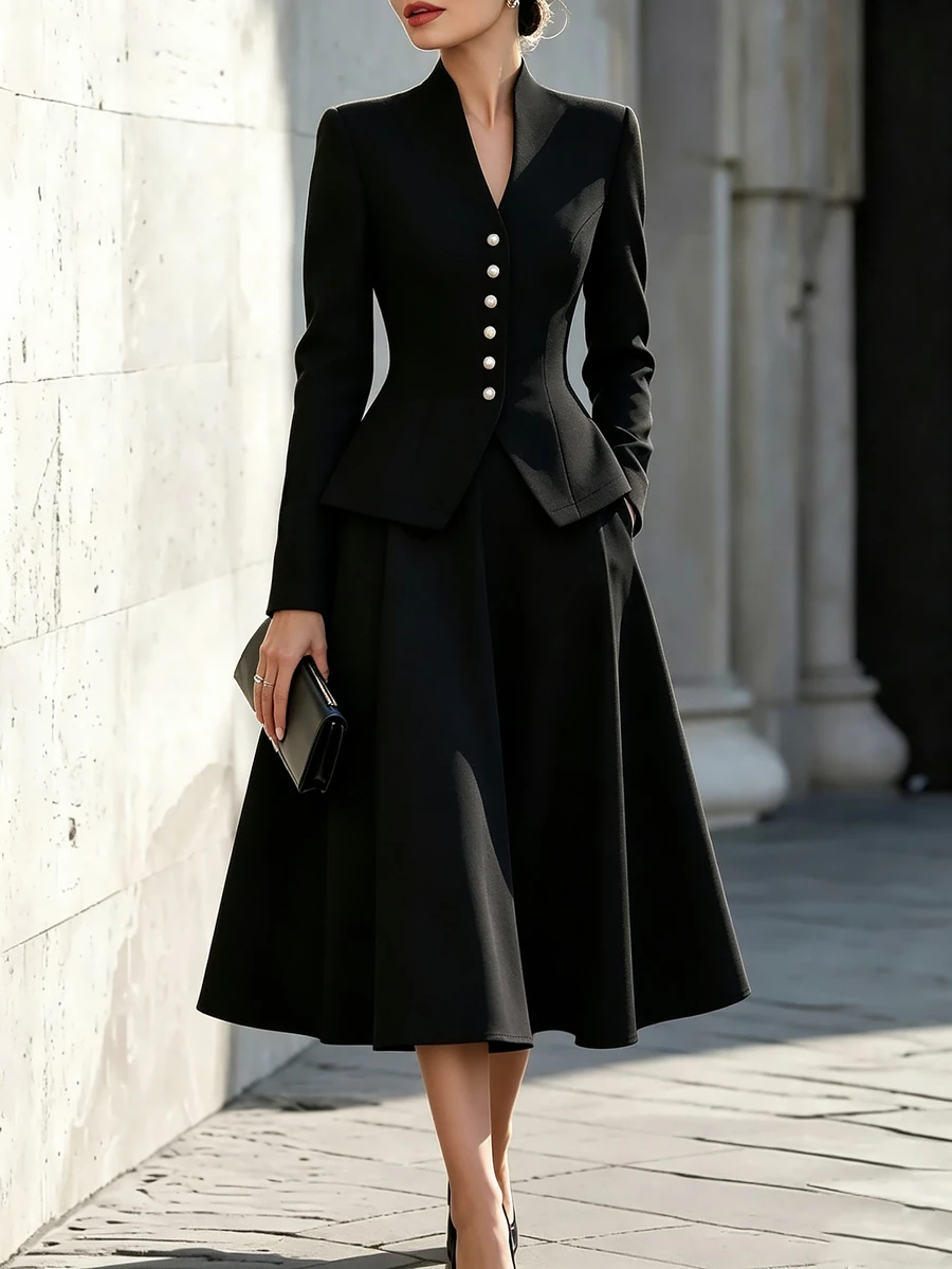 SHEIN Solid Button Front Jacket & Skirt Set