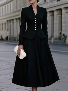 SHEIN Solid Button Front Jacket & Skirt Set - Black - View 4