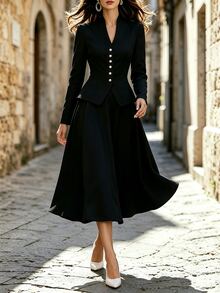 SHEIN Solid Button Front Jacket & Skirt Set - Black - View 9