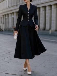 SHEIN Solid Button Front Jacket & Skirt Set - Black - View 5