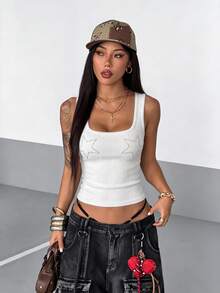 StreetHx Fashion Women's White Fuzzy Ribbed Tank Top With Rhinestones - White - View 4