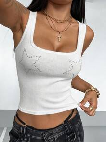 StreetHx Fashion Women's White Fuzzy Ribbed Tank Top With Rhinestones - White - View 6