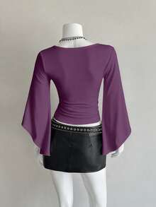 EgrlEra Deep V-Neck Sexy Mid-Length Fitted T-Shirt - Purple - View 2