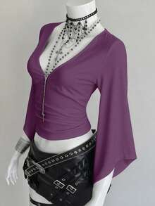 EgrlEra Deep V-Neck Sexy Mid-Length Fitted T-Shirt - Purple - View 4