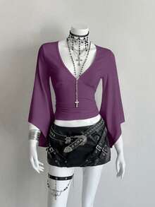 EgrlEra Deep V-Neck Sexy Mid-Length Fitted T-Shirt - Purple - View 6
