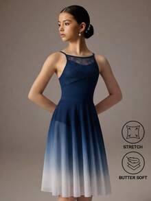 SHEIN Teen Girls' 2 Pieces Ballet Outfit,Navy Blue Autumn Winter Elegant Party Prom Butterfly Lace Sleeveless Leotard And Sheer Mesh Wrap Skirt, Fall Winter - Navy Blue - View 7