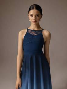 SHEIN Teen Girls' 2 Pieces Ballet Outfit,Navy Blue Autumn Winter Elegant Party Prom Butterfly Lace Sleeveless Leotard And Sheer Mesh Wrap Skirt, Fall Winter - Navy Blue - View 6