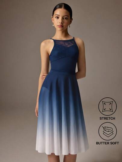 SHEIN Teen Girls' 2 Pieces Ballet Outfit,Navy Blue Autumn Winter Elegant Party Prom Butterfly Lace Sleeveless Leotard And Sheer Mesh Wrap Skirt, Fall Winter