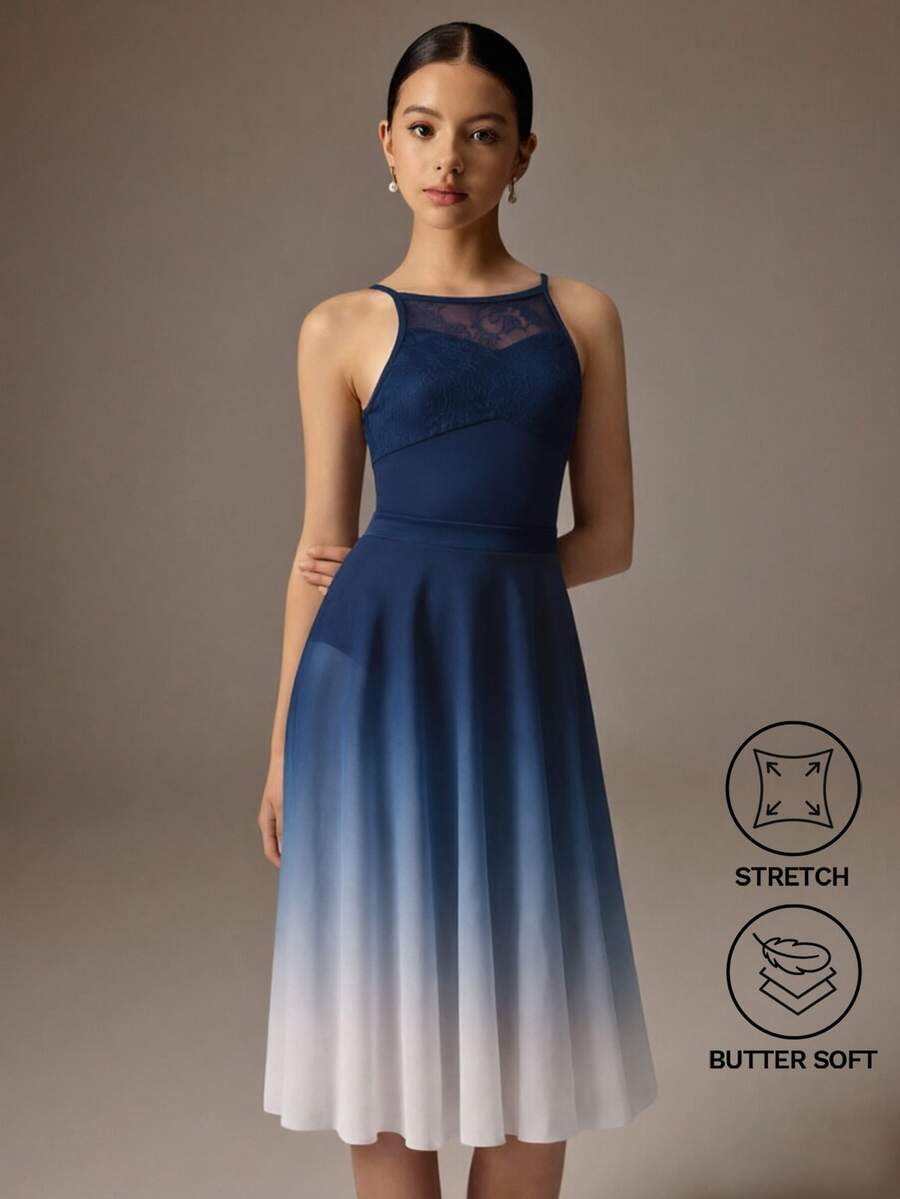 SHEIN Teen Girls' 2 Pieces Ballet Outfit,Navy Blue Autumn Winter Elegant Party Prom Butterfly Lace Sleeveless Leotard And Sheer Mesh Wrap Skirt, Fall Winter
