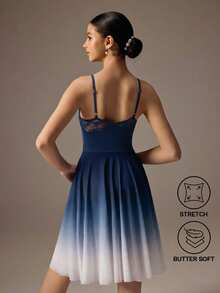 SHEIN Teen Girls' 2 Pieces Ballet Outfit,Navy Blue Autumn Winter Elegant Party Prom Butterfly Lace Sleeveless Leotard And Sheer Mesh Wrap Skirt, Fall Winter - Navy Blue - View 3