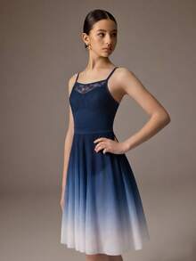 SHEIN Teen Girls' 2 Pieces Ballet Outfit,Navy Blue Autumn Winter Elegant Party Prom Butterfly Lace Sleeveless Leotard And Sheer Mesh Wrap Skirt, Fall Winter - Navy Blue - View 4