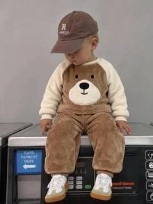 SHEIN 2pcs Baby Boy Cartoon Bear Print Thermal Lined Pullover Sweatshirt & Autumn Pants Set - Brown - View 5